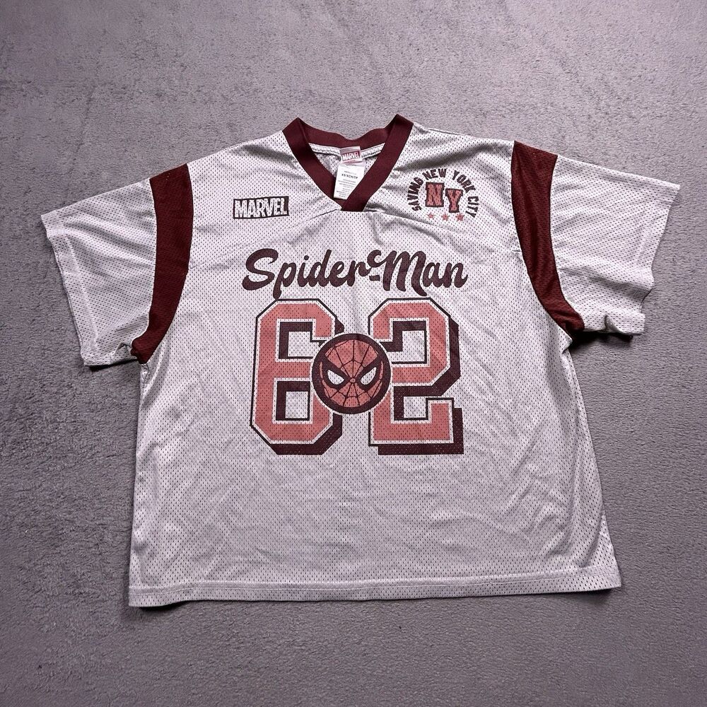 Marvel Spider-Man Mesh Jersey Shirt Womens XS White Maroon Graphic Crop